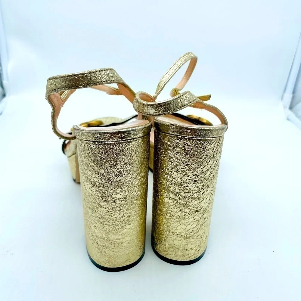 Gucci Galassia Metallic Gold leather GG Marmont ankle strap block heels 40.5
